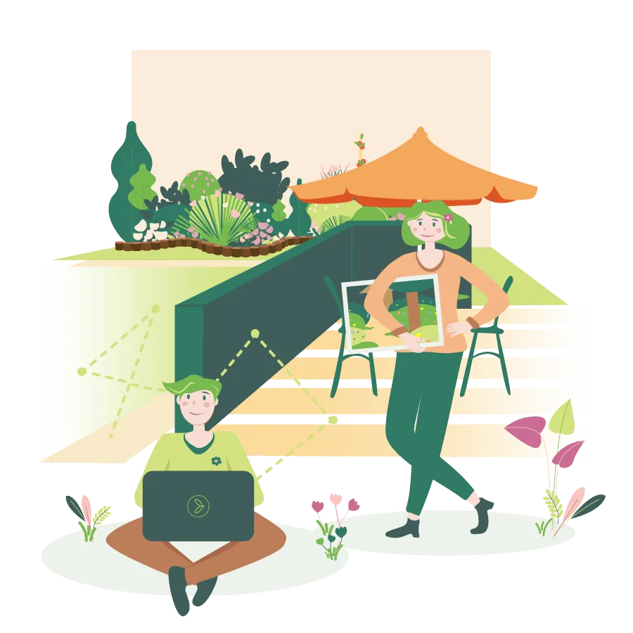 draw me a garden illustration of a woman holding a garden drawing next to a man sitting with his computer on his knees and trees in the background