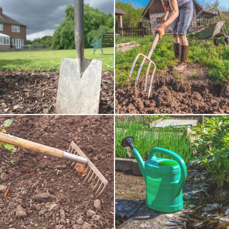 Outils pour Semer des Graines : bèche, râteau, fourche et arrosoir