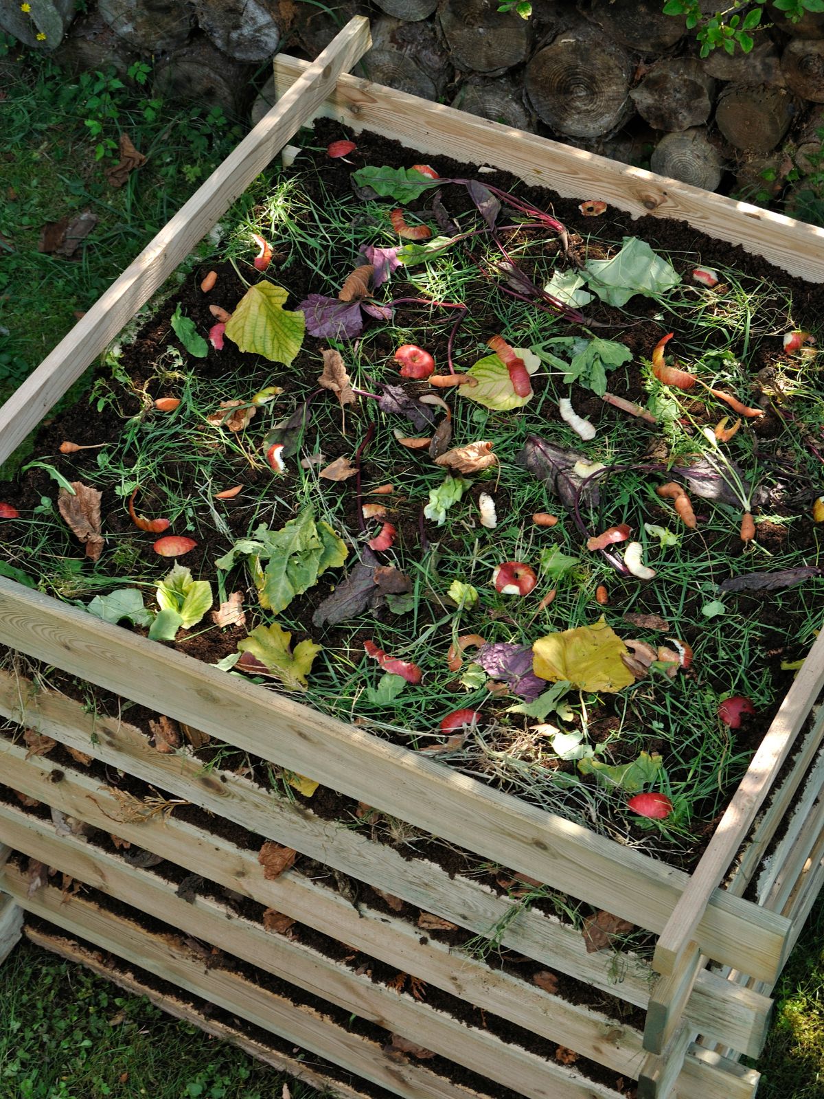bac à compost remplit de fleurs de feuilles