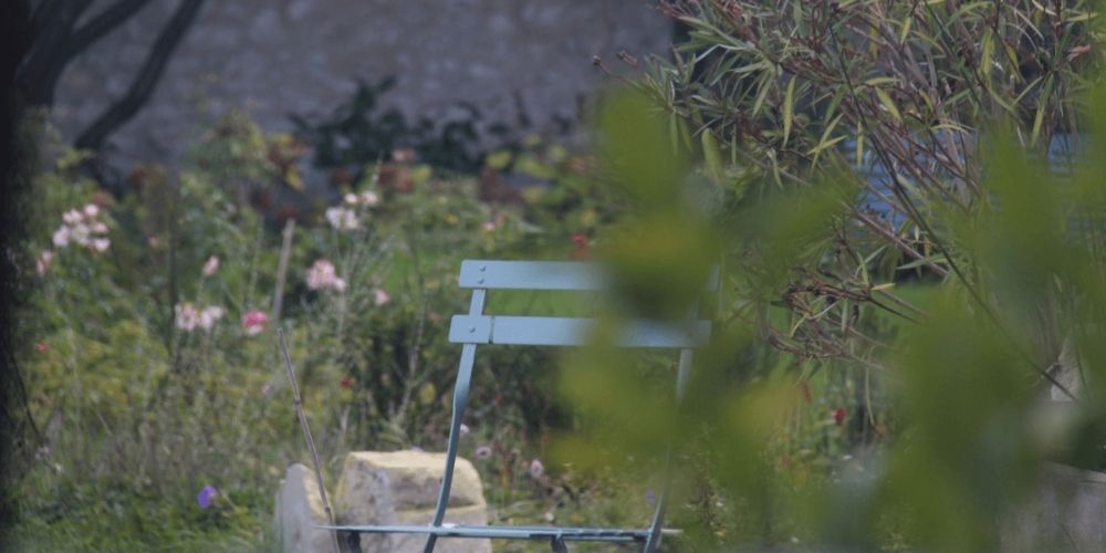 vue d’un jardin fleuri facile à entretenir avec chaise