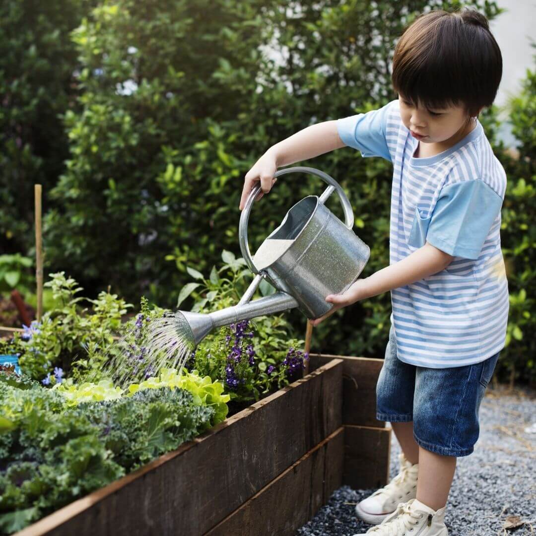 Petit enfant arrose les plante du jardin