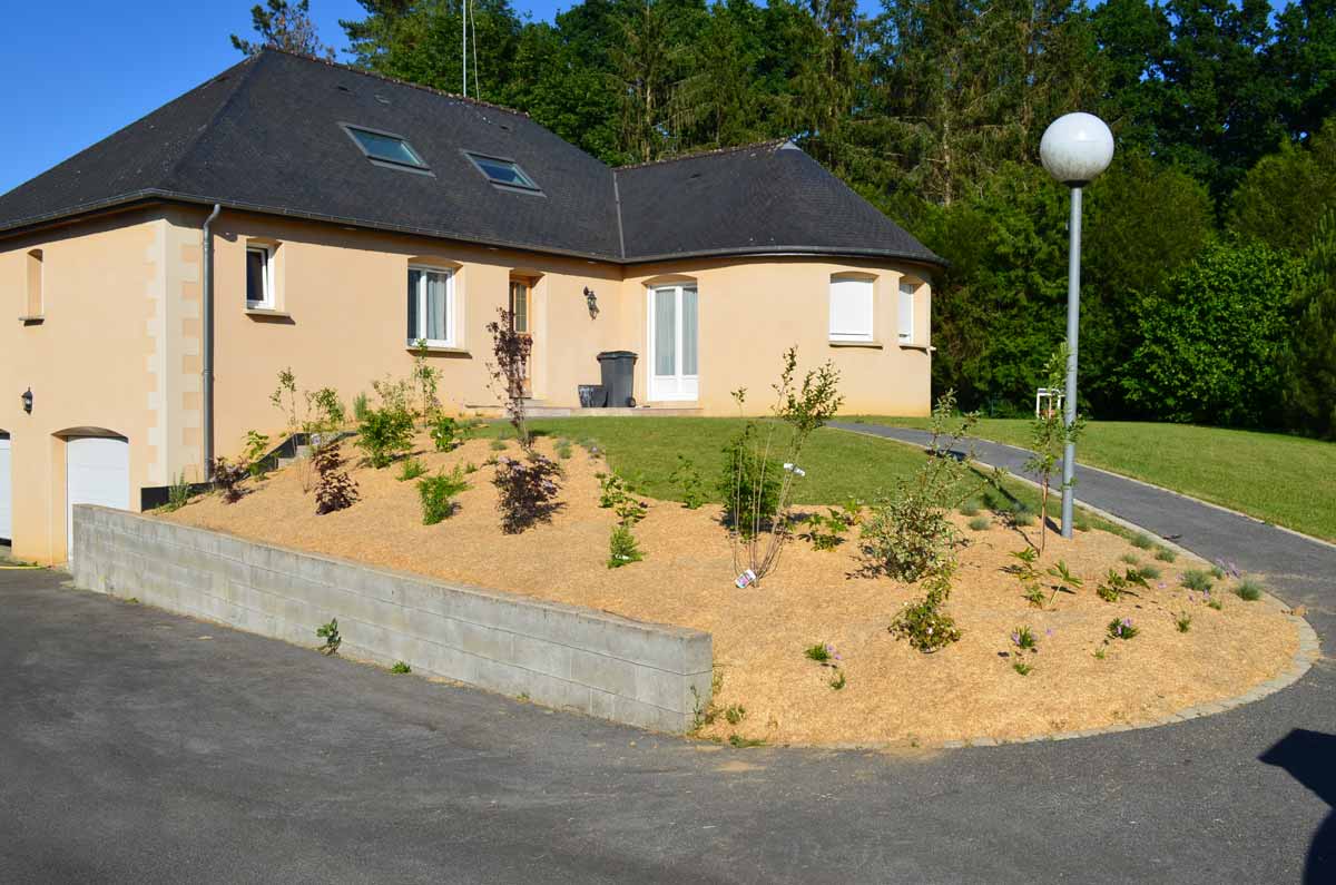 Réalisation avant après jardin nature libre près de Laval après la plantation