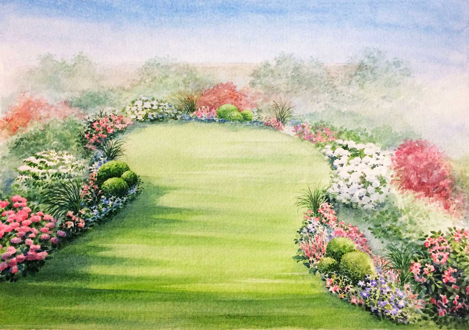 Aquarelle d'un jardin anglais par Noelle Le Guillouzic