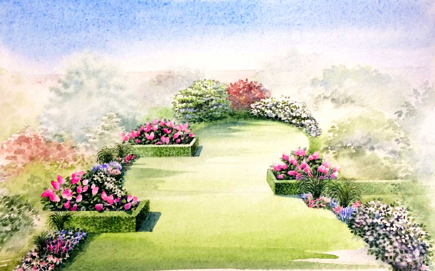 Watercolour of a French garden by Noelle Le Guillouzic
