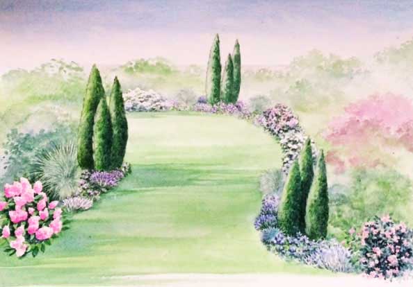 Watercolour of a Mediterranean garden by Noelle Le Guillouzic