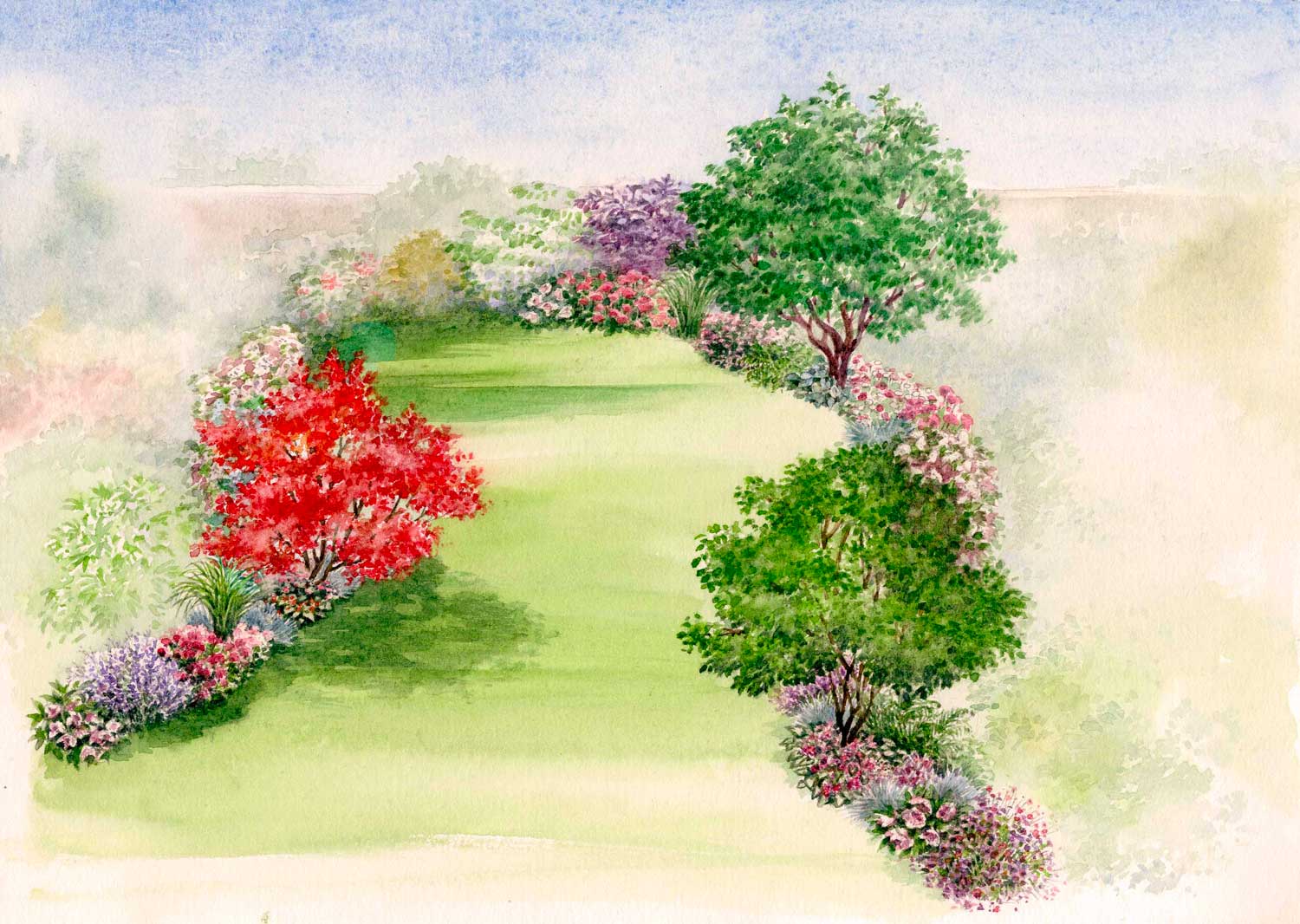 Aquarelle d'un jardin nature libre par Noelle Le Guillouzic