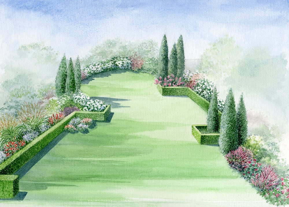 Aquarelle du jardin nature et structure par Noelle Le Guillouzic