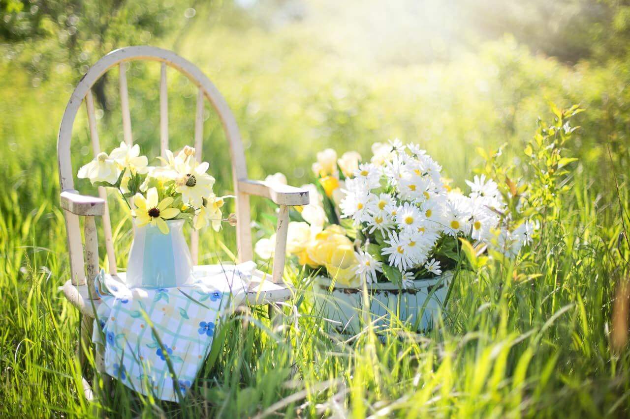 petite chaise en bois avec vase de fleurs posé dessus à côté d'un panier empli de pâquerettes