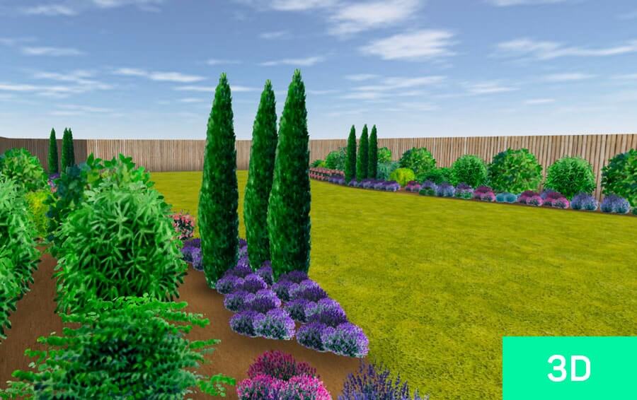 Example of 3D image of mediterranean garden created with Draw Me A Garden tool