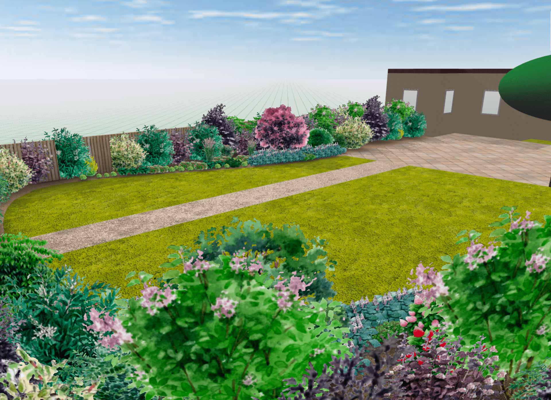 3D view of a Draw Me A Garden landscaped garden