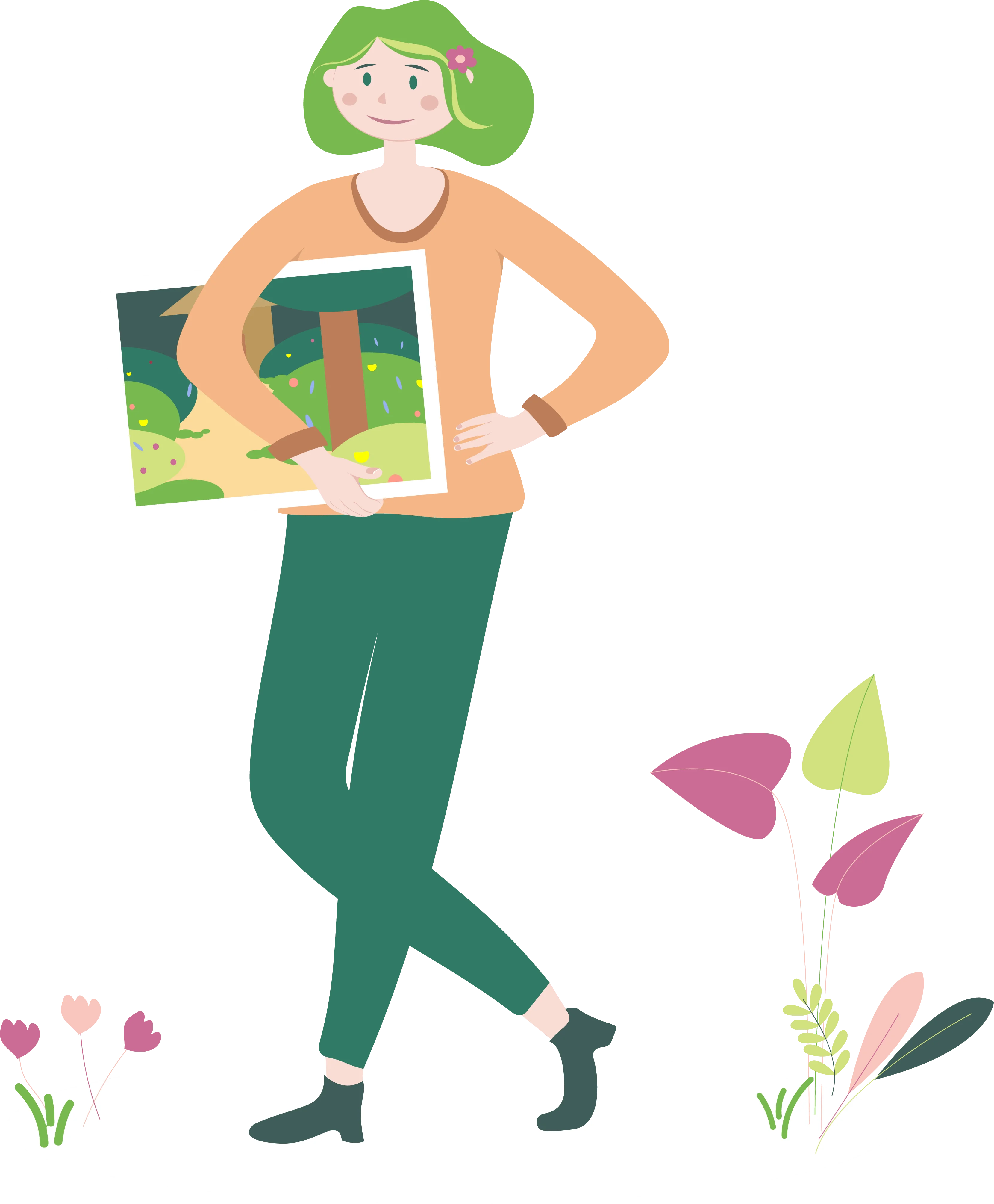 Illustration d'une femme tenant un dessin de jardin