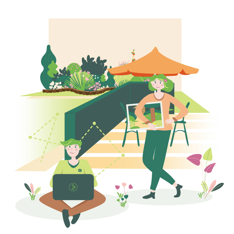 draw me a garden illustration of a woman holding a garden drawing next to a man sitting with his computer on his knees and trees in the background