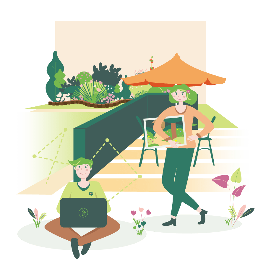 illustration draw me a garden d'une femme tenant un dessin de jardin à côté d'un homme assis avec son ordi sur les genoux et des arbres en fond