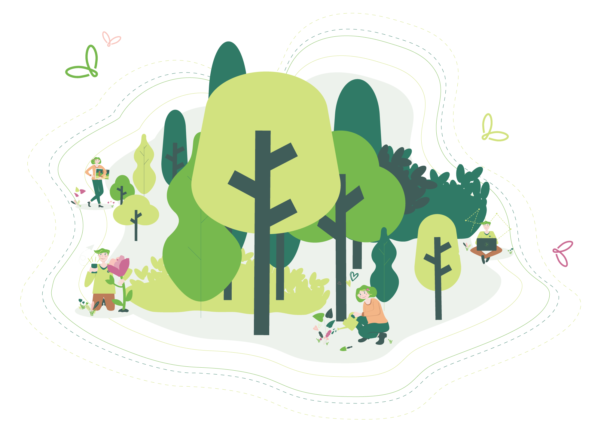 illustration représentant une forêt avec divers personnages