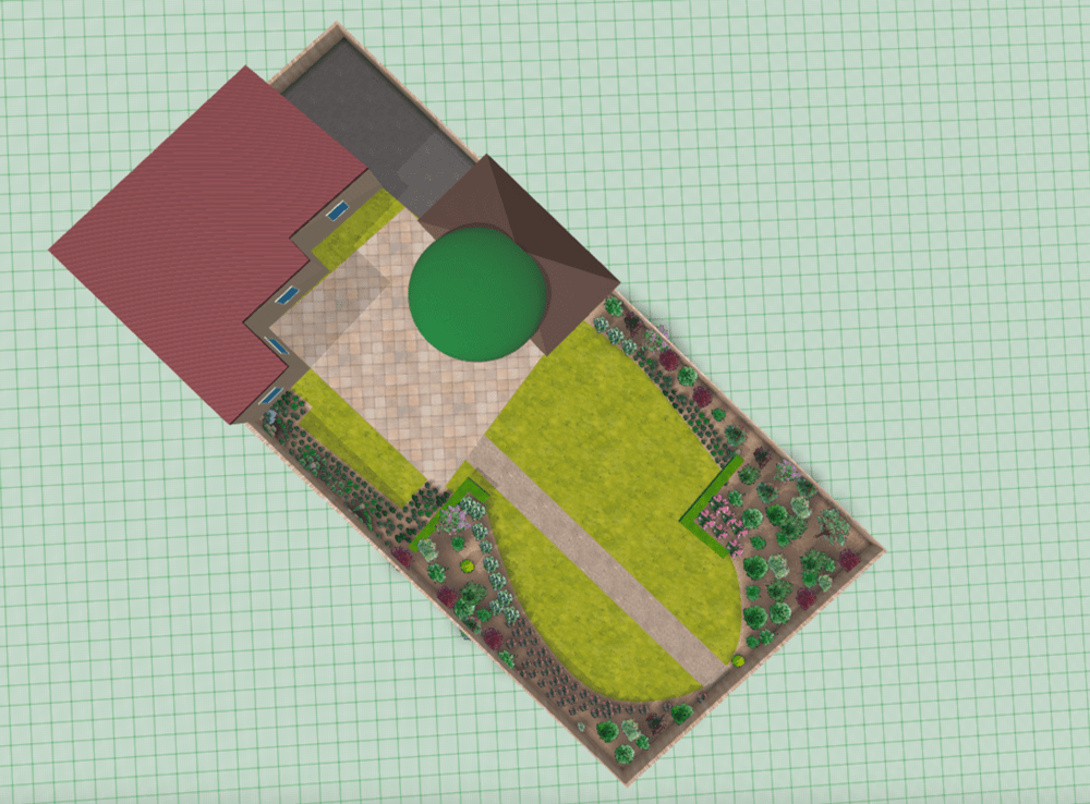 vue 3d, du dessus, d'un jardin français dans l'outil 3D Draw Me A Garden
