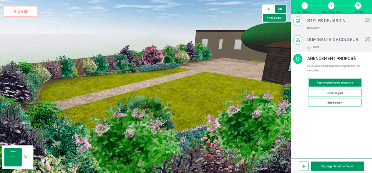 interface de l'outil 3D Draw Me A Garden et vue 3d d'un jardin nature libre