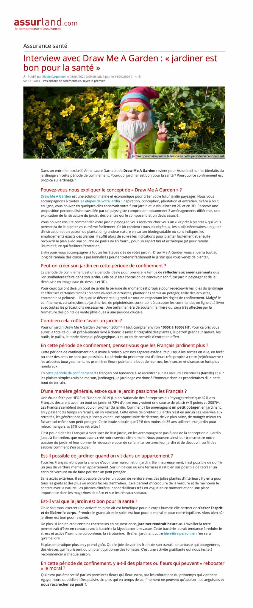 Article de presse sur Draw Me A Garden publié sur le site internet Assurland