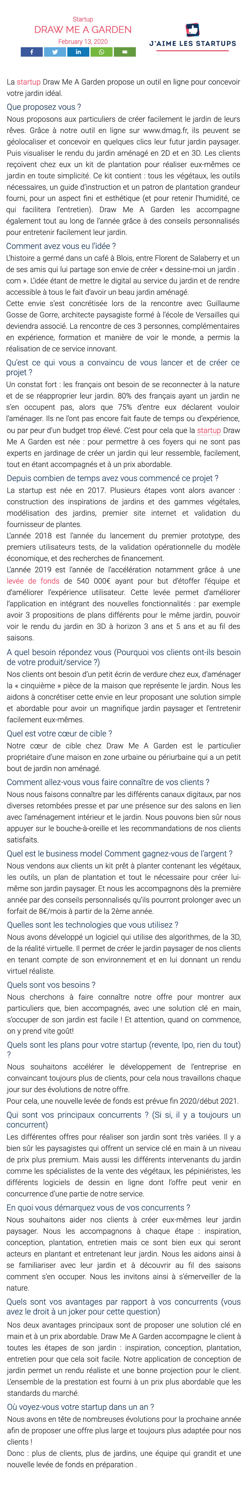 Article de presse sur Draw Me A Garden publié sur le site 'J'aime les startups'.