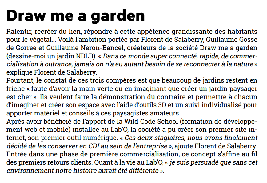 Article de presse sur Draw Me A Garden publié dans le journal Tribune Hebdo