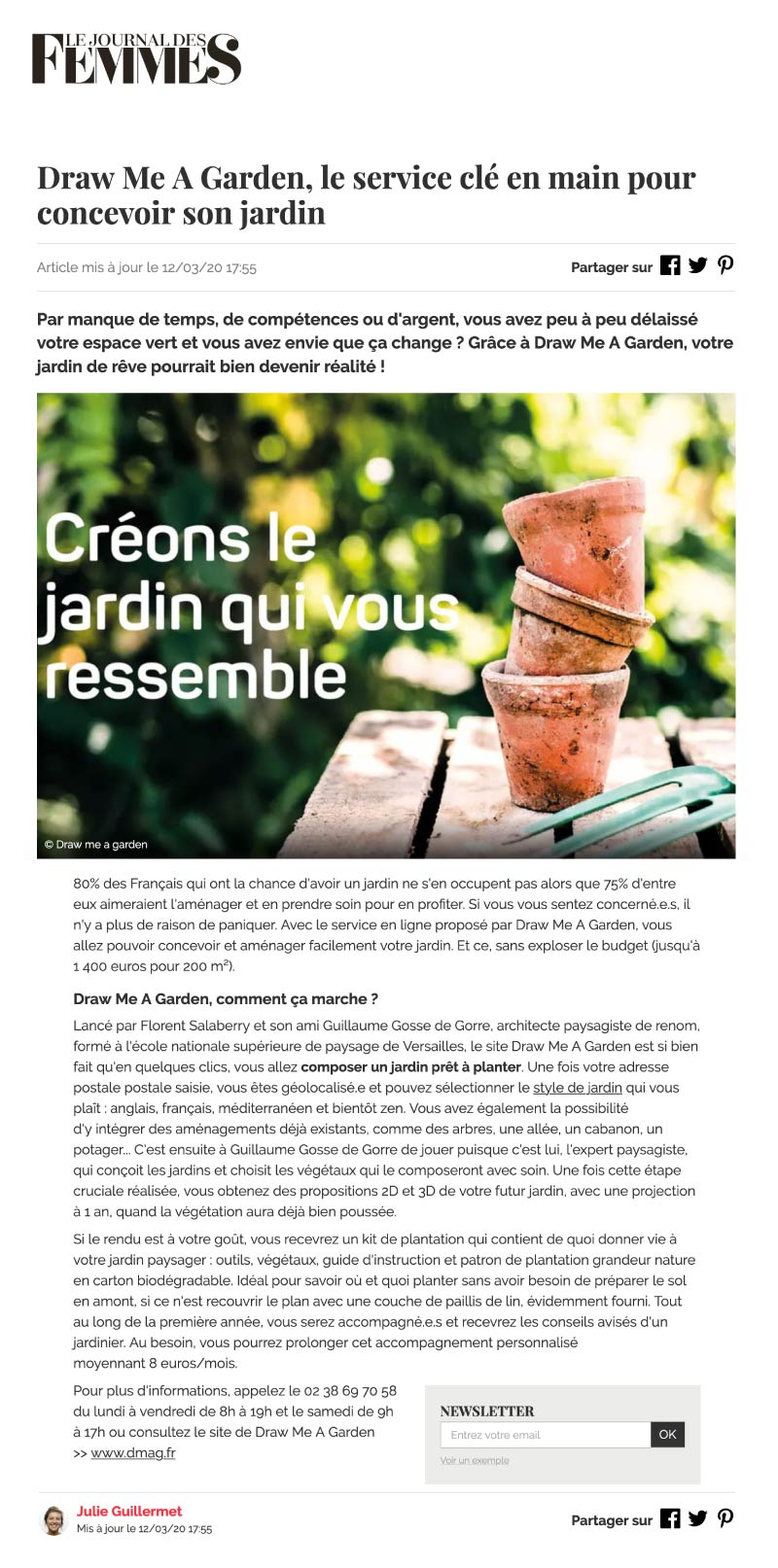Article de presse sur Draw Me A Garden publié sur le site Le Journal des Femmes