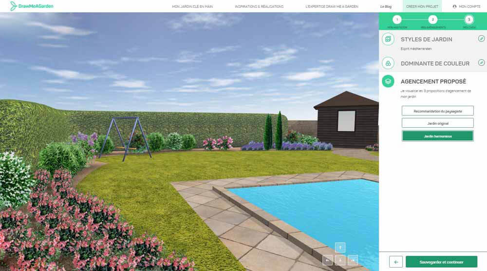 Vue d’un jardin méditerranéen aménagé en ligne avec piscine